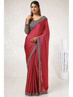 Soch - Women Red Chiffon Embroidered Saree with Unstitched Blouse