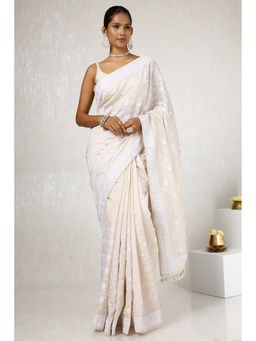 Soch - Women Cream Tussar Embroidered Saree with Unstitched Blouse