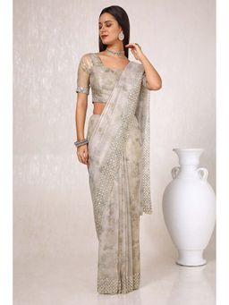 Soch - Women Beige Net Floral Print Saree with Unstitched Blouse