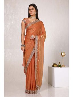 Soch - Women Rust Tissue Saree with Unstitched Blouse