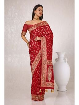 Soch - Women Red Silk Blend Zari Woven Saree with Unstitched Blouse