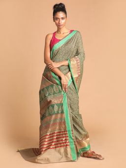 Indethnic - Green Printed Cotton Blend Saree with Unstitched Blouse