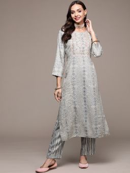 Anubhutee - Women Grey Bandhani Printed Embroidered Kurta with Pant (Set of 2)