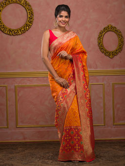 Koskii - Red Swarovski Art Silk Saree With Unstitched Blouse