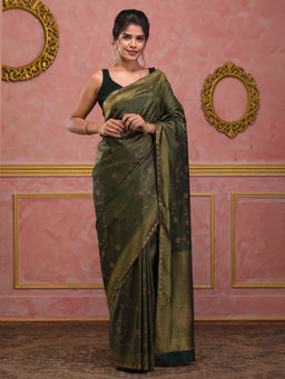 Koskii - Bottle Green Swarovski Art Silk Saree With Unstitched Blouse