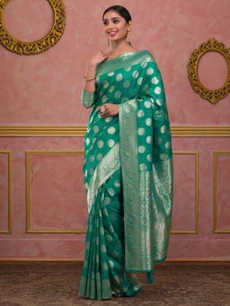 Koskii - Rama Green Swarovski Art Silk Saree With Unstitched Blouse