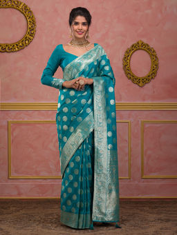 Koskii - Turquoise Blue Swarovski Art Silk Saree With Unstitched Blouse
