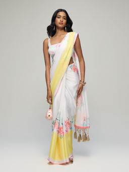 Gajra Gang - Yellow Crepe Floral Saree with Unstitched Blouse Fabric Blushed Affair