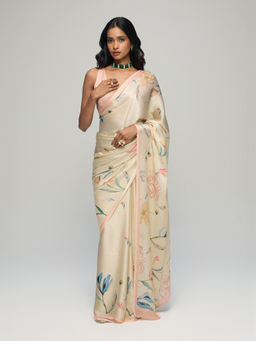 Gajra Gang - Off white Crepe Floral Saree with Unstitched Blouse Blushed Affair
