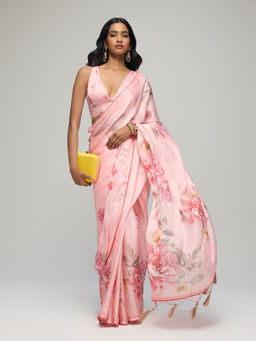 Gajra Gang - Pink Crepe Floral Saree with Unstitched Blouse Blushed Affair