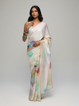 Gajra Gang - Off white Crepe Printed Saree with Unstitched Blouse Blushed Affair