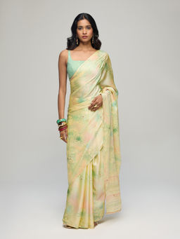 Gajra Gang - Pista Green Chiffon Floral Print Saree with Unstitched Blouse Blushed Affair