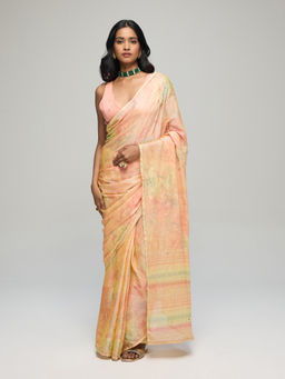 Gajra Gang - Peach Chiffon Floral Print Saree with Unstitched Blouse Blushed Affair