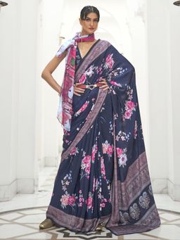 Akhilam - Women Crepe Navy Blue Digital Print Celebrity Saree with Unstitched Blouse