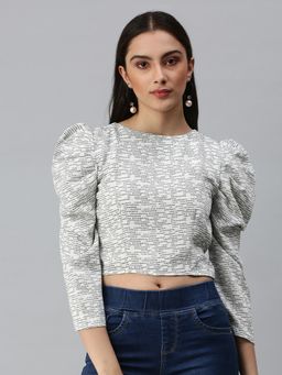 SHOWOFFFF - Women Boat Neck Puff Sleeves Printed White Crop Top