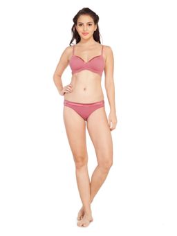 SOIE - Women Semi Padded Non Wired T-Shirt Bra with Low Rise Matching Panty - Pink (Set of 2)