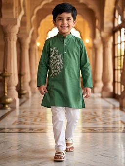 AJ Dezines - Green Embroidery Pure Cotton Kurta And Pyjama