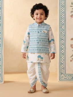 AJ Dezines - Blue Ethnic Floral Print Pure Cotton Kurta Waistcoat And Dhoti
