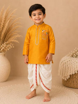 BYB Premium - Boys Yellow Cotton Silk Kurta And Dhoti