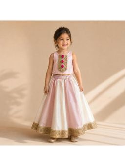 BYB Premium - Girls Blush Pink Hand Embroidered Cotton Choli And Lehenga