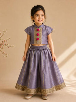 BYB Premium - Girls Lavender Hand Embroidered Cotton Lehenga And Choli