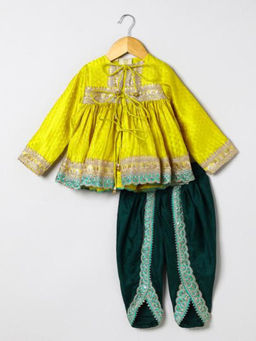 BYB Premium - Girls Yellow Banarasi Angrakha Kurta And Dhoti