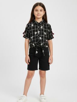 Creative Kids - Girls Black Grid Printed Short Sleeves Knotted Top
