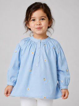 Creative Kids - Girls Light Blue Cotton Floral Embroidered Full Sleeves Top