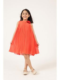 One Friday - Girls Orange Pleated Sleeveless Dress