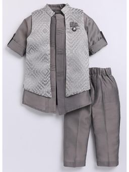 Little Collars - Grey Embroidered Kurta Pyjama And Jacket