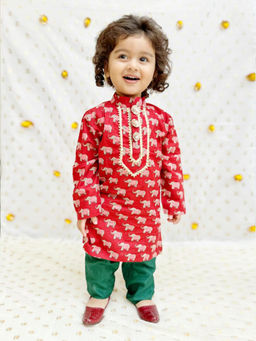 BYB Premium - Boys Red Jaipuri Elephant Print Kurta And Pyjama