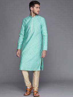 Manyavar - Green Full Sleeves Mandarin Collar Kurta with Pencil Pajama (Set of 2)