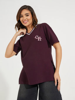 Styli Elevate - Women Purple Oversized Contrast Neck Rib T-Shirt