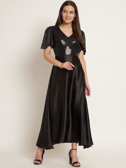 Curvydrobe - Women Fit and Flare Black Sequinned Detail Maxi Dress