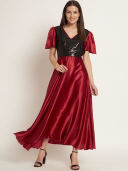 Curvydrobe - Women Fit and Flare Maroon Sequinned Detail Maxi Dress