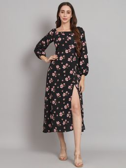 Curvydrobe - Women Black Floral Printed With Square Neck One Thigh Slit A-Line Dress