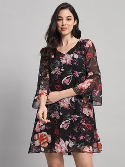 Curvydrobe - Black Floral Print A-Line Dress