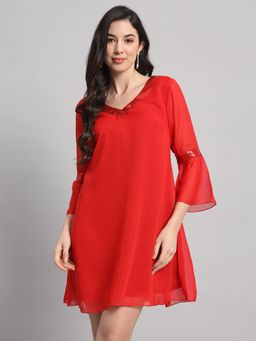 Curvydrobe - Red Georgette V-Neck A-Line Dress