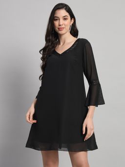 Curvydrobe - Black Georgette V-Neck A-Line Dress
