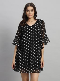 Curvydrobe - Black Polka Dot Print Mini A Line Dress