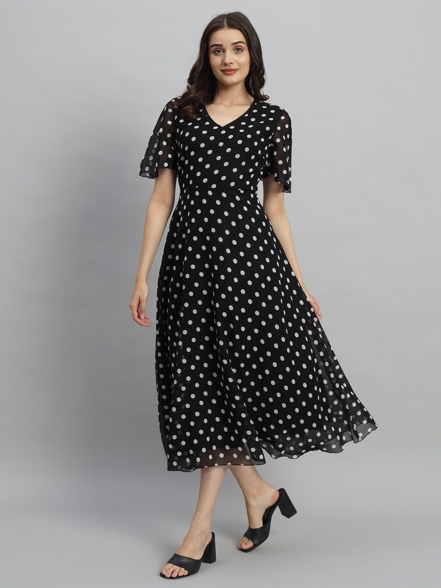 Women Black Polka Dot Print Maxi A line Midi Dress-image-7