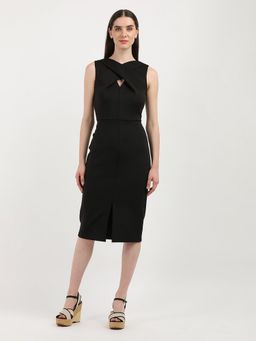 Calvin Klein - Polyester Black V-Neck Shift Knee Length Dress