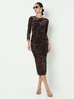SHOWOFF - Edition Women Floral Brown Velvet Bodycon with Back Slit Midi Dress