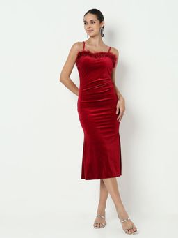 SHOWOFF - Edition Women Red Velvet Bodycon with Fur Neckline Midi Dress