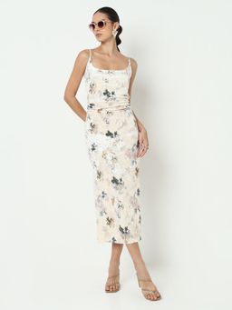 SHOWOFF - Edition Women Floral Cream Velvet Bodycon with Back Slit Midi Dress