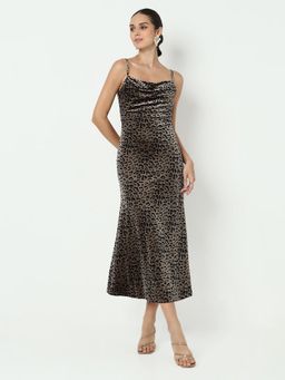 SHOWOFF - Edition Women Animal Print Brown Velvet with Back Slit Midi Dress