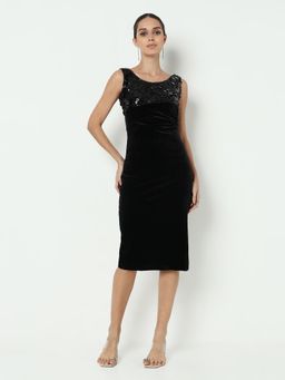 SHOWOFF - Edition Women Sequined Black Velvet with Back Slit Knee Length Dress
