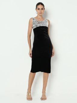 SHOWOFF - Edition Women Sequined Silver Velvet with Back Slit Knee Length Dress