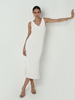 SHOWOFF - Edition Women Sequined White Velvet Bodycon Midi Dress