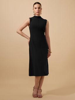 SHOWOFF - Edition Women Textured Black High Neck Sleeveless A-Line Midi Dress